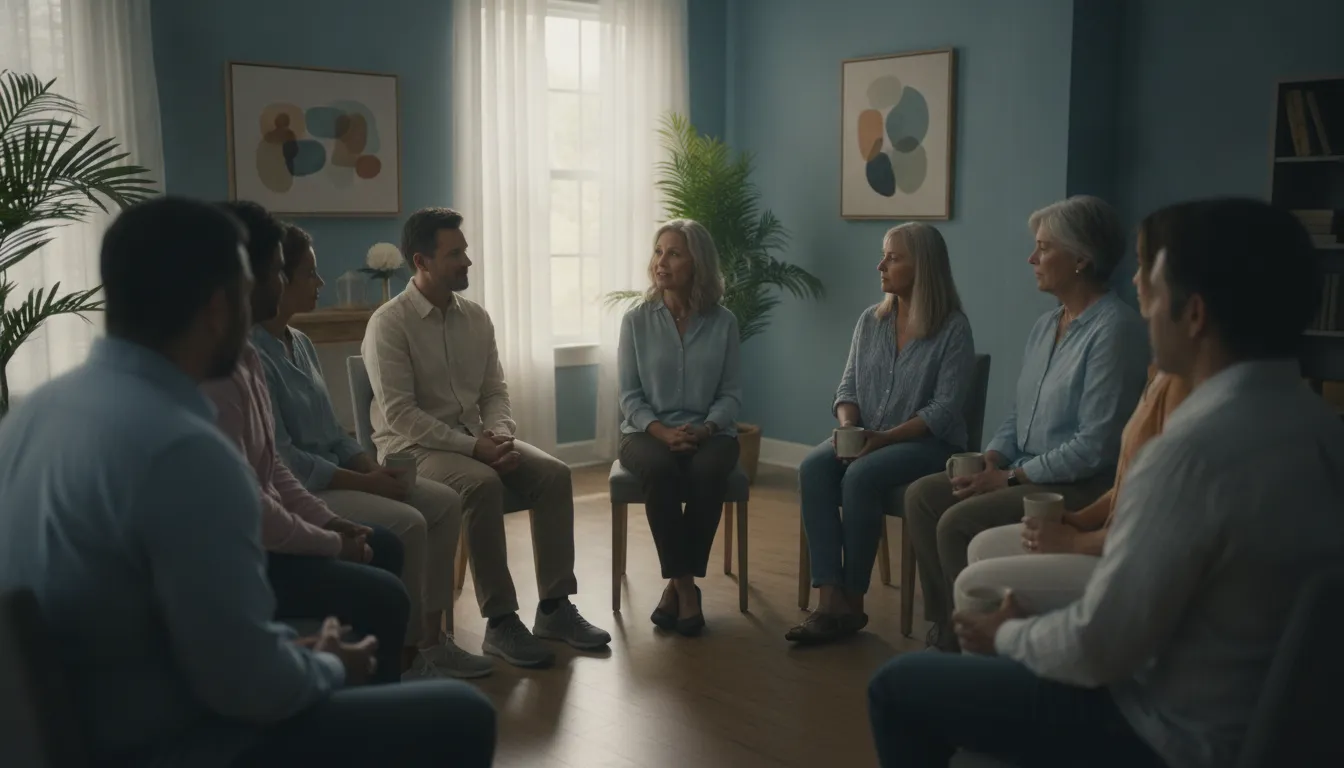 Small group counseling session in a calm, supportive treatment setting