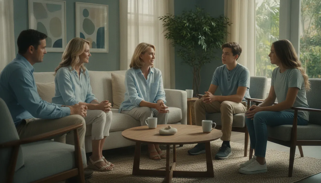 Family discussing insurance and outpatient addiction treatment with a counselor