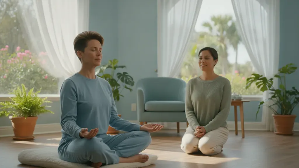 Adult practicing a calming mind-body exercise with recovery support