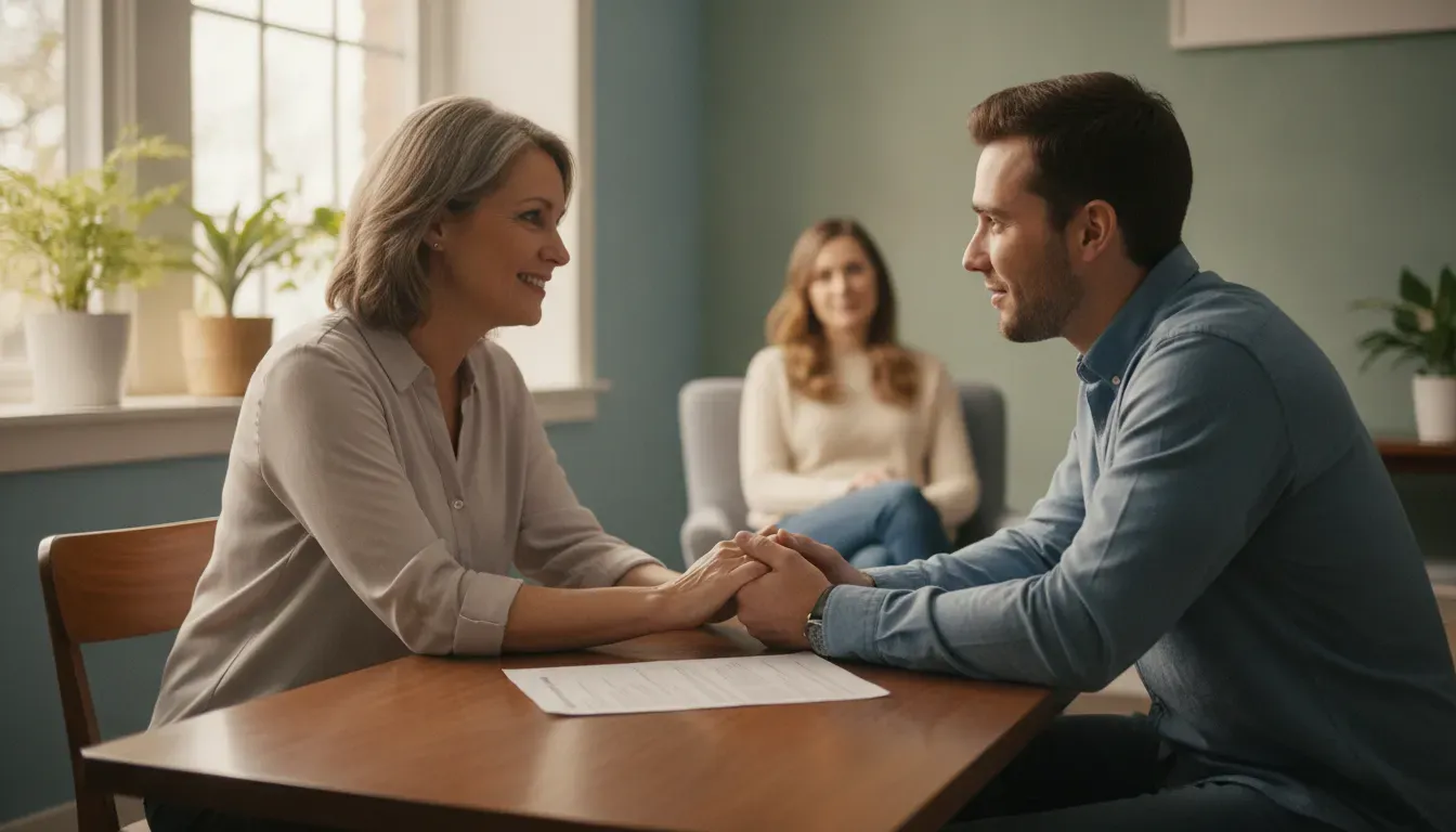 Counselor and family member discussing addiction recovery support in a therapy session