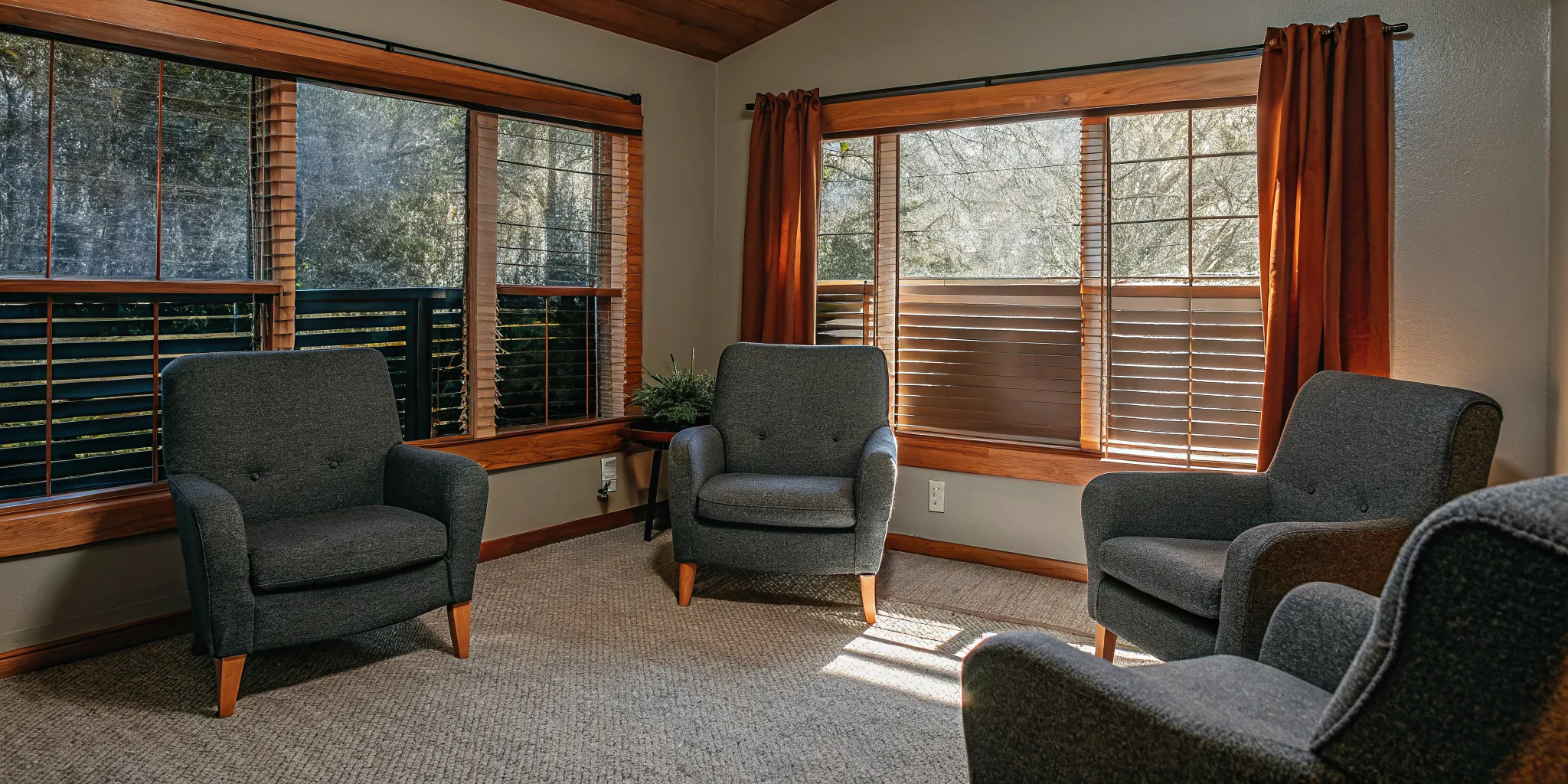 Small group therapy session room with comfortable chairs arranged in a circle for intensive outpatient program support