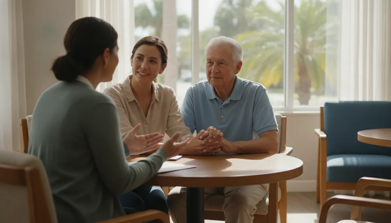 Older adult and family member meeting with a counselor