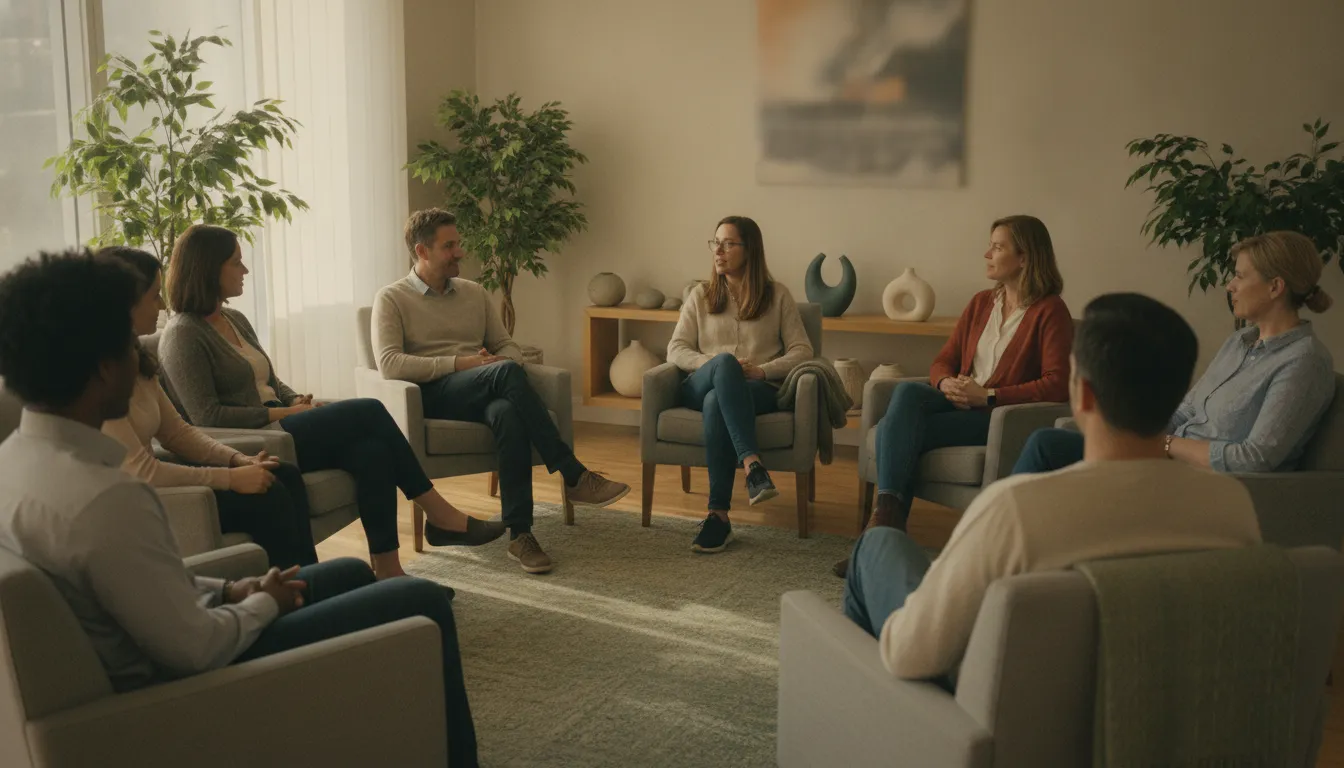 A small group therapy circle of about eight adults in a bright outpatient clinic in Sarasota