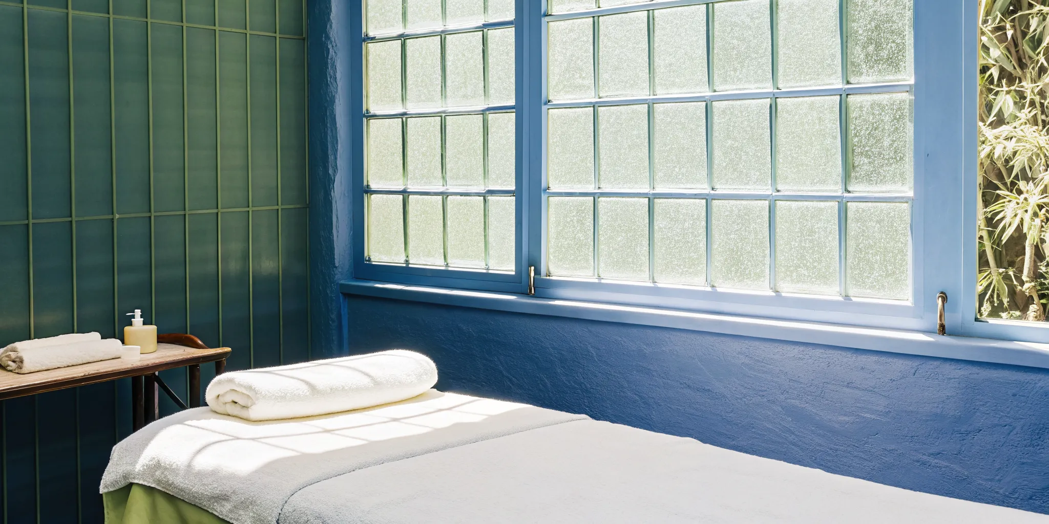 A calm, serene outpatient therapy room with soft teal tones and a sensory relaxation space at CenterPointe