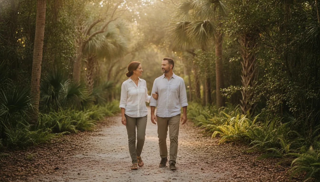 Two adults walking together in a peaceful Sarasota nature setting during a supportive recovery conversation