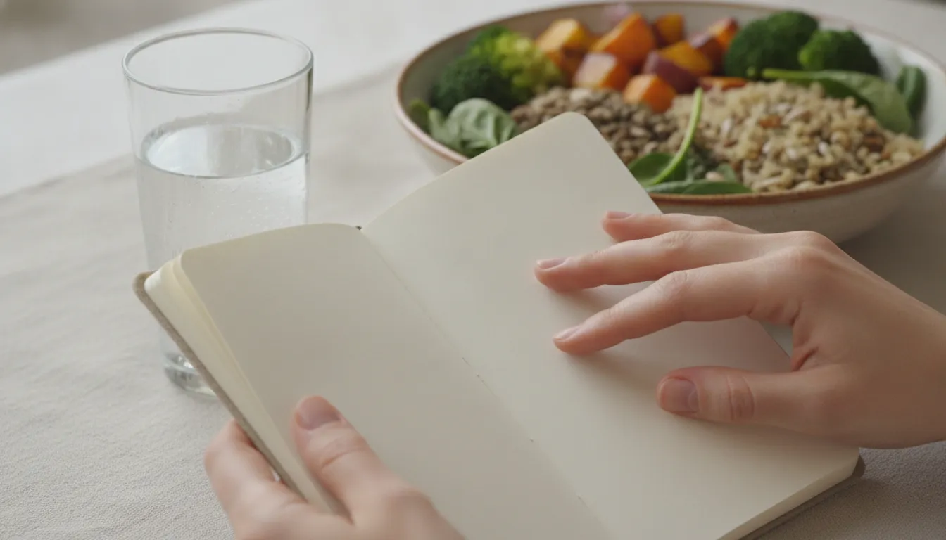 Hands tracking a digestive wellness routine beside water and a fiber-rich meal