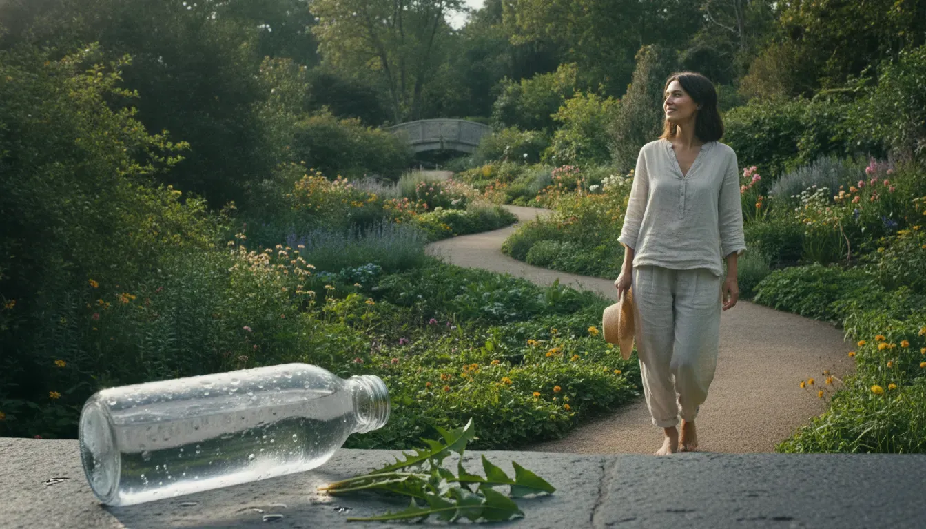 Woman walking in a botanical garden with water as part of a fluid balance routine