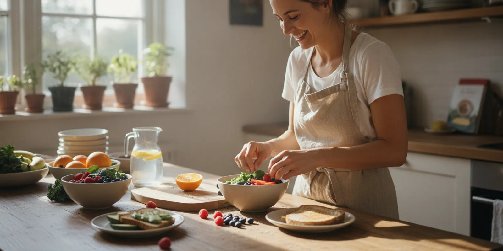 Woman preparing a colorful, nutrient-rich breakfast in a bright home kitchen
