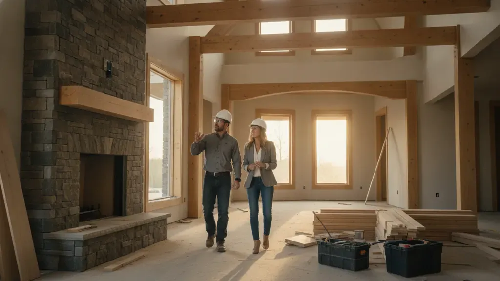 Homeowners walking through a custom home under construction with a project manager