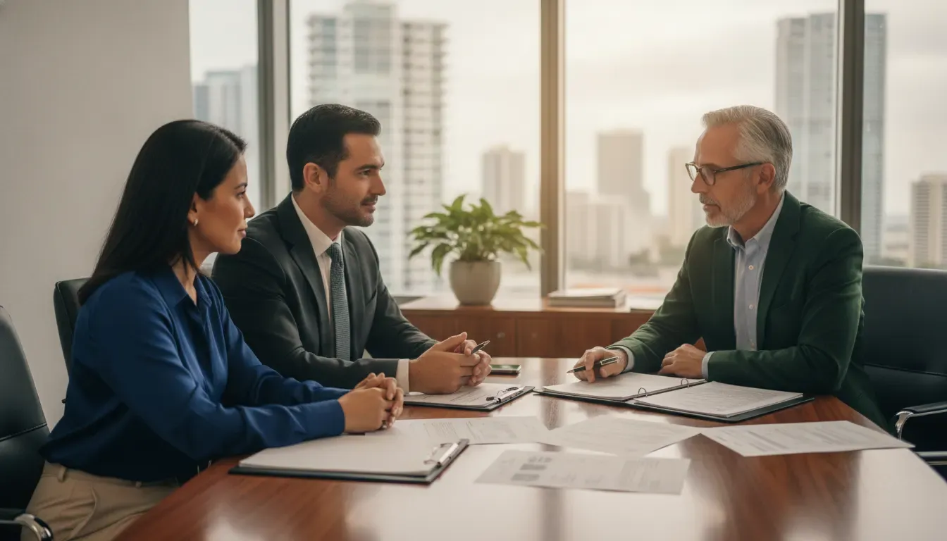 Latin American couple discussing foreign account records with a wealth advisor