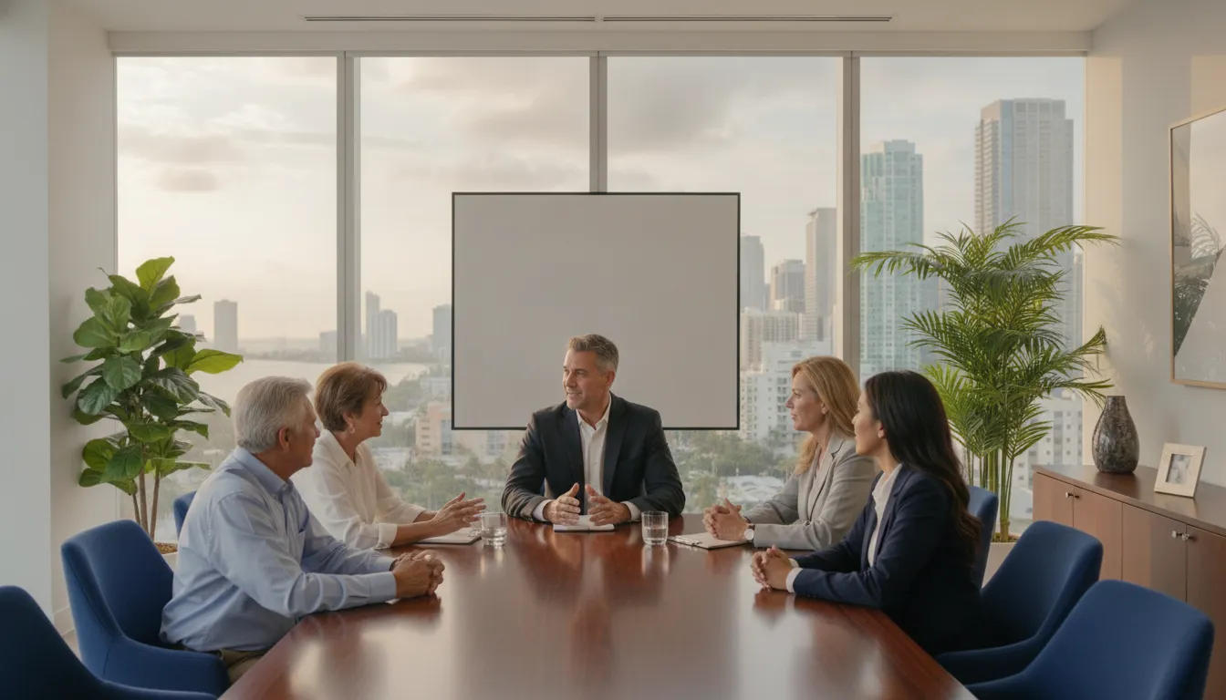Family and fiduciary advisor discussing coordinated multi family office services