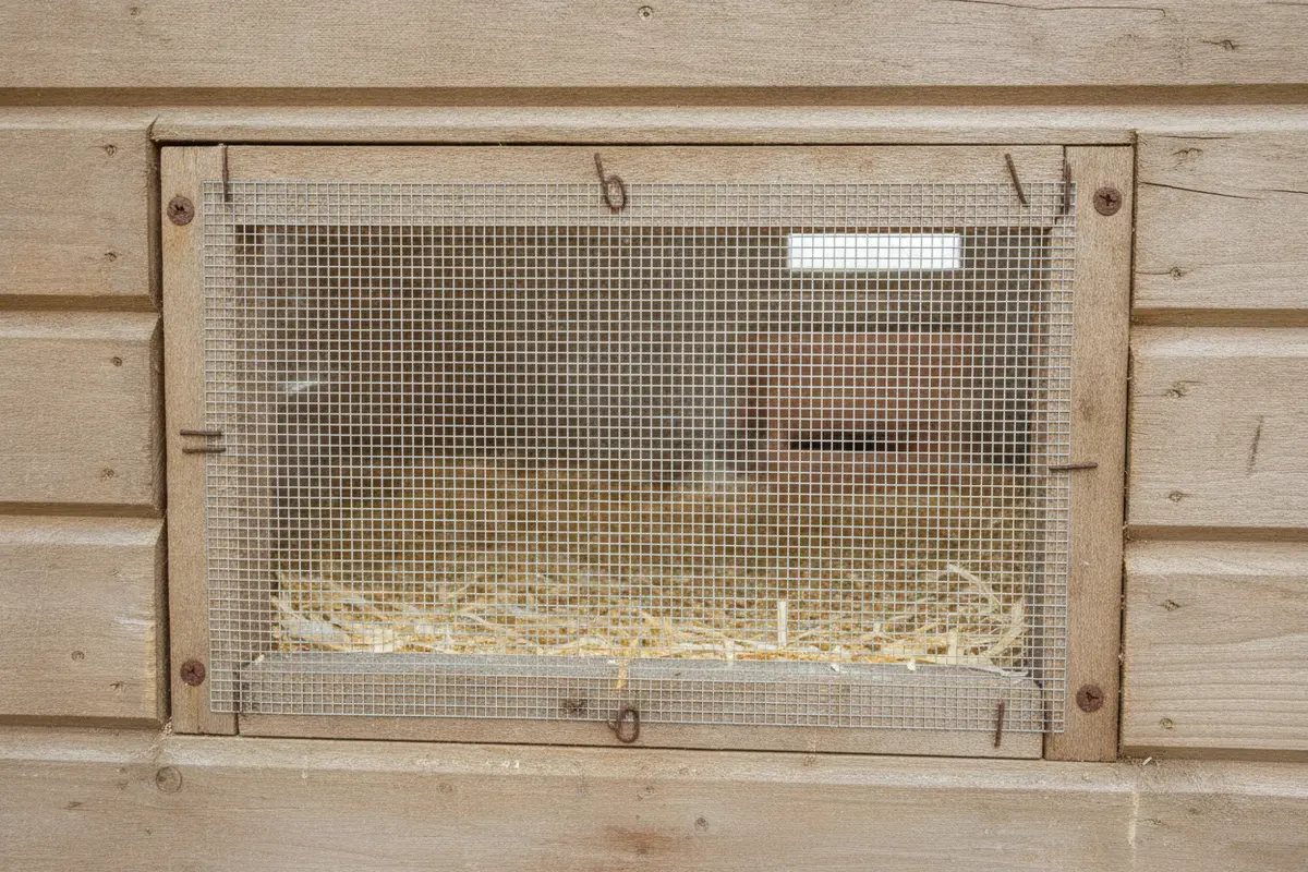 Close view of securely fastened fine mesh covering a chicken coop vent