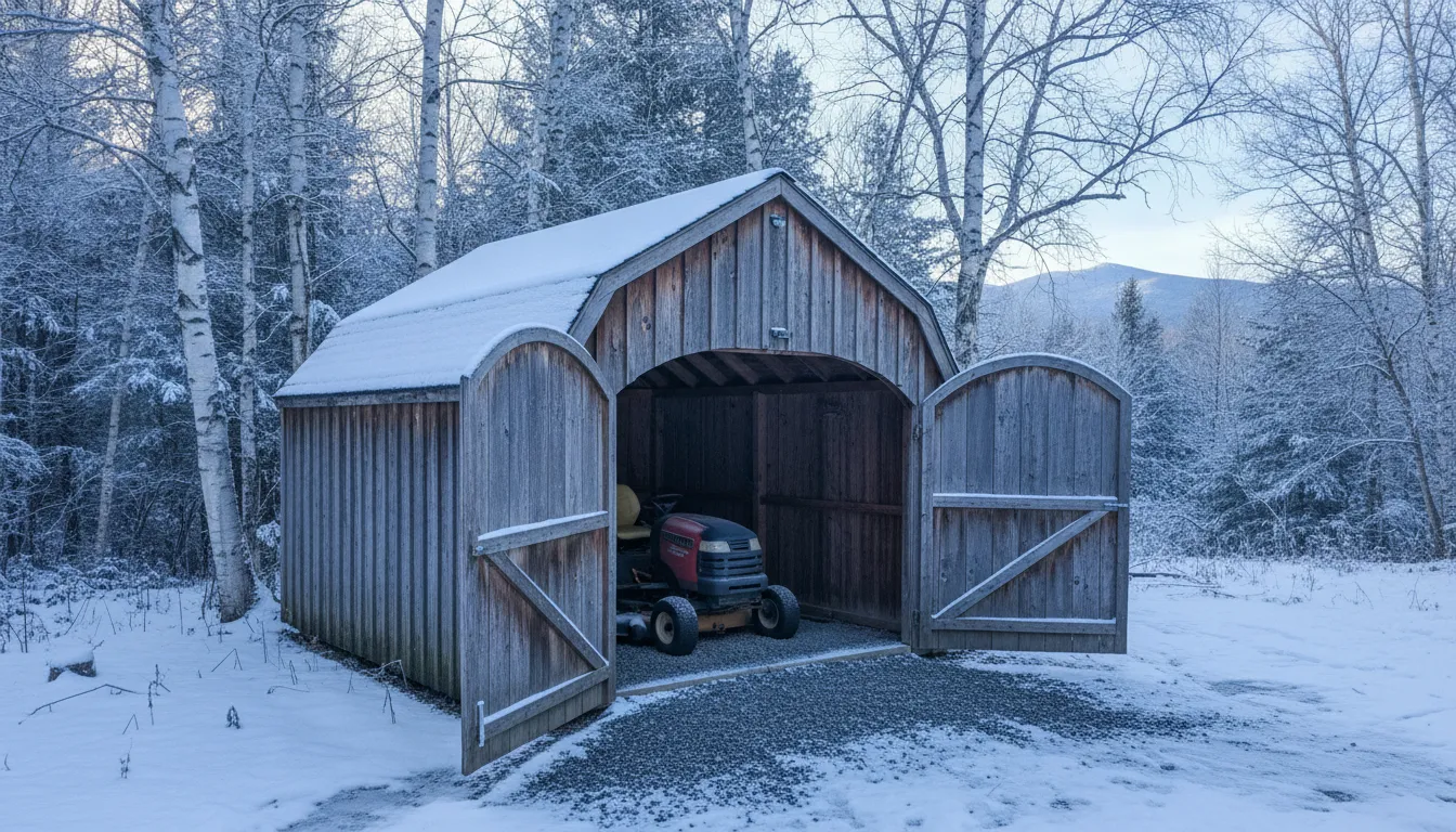 Wood storage building with double doors open to a riding mower on a snowy Adirondack site