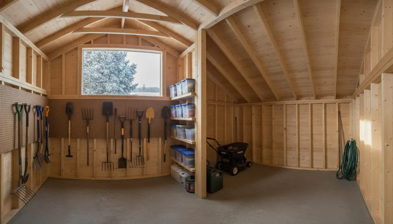 Interior shed storage with extra headroom for garden tools and equipment