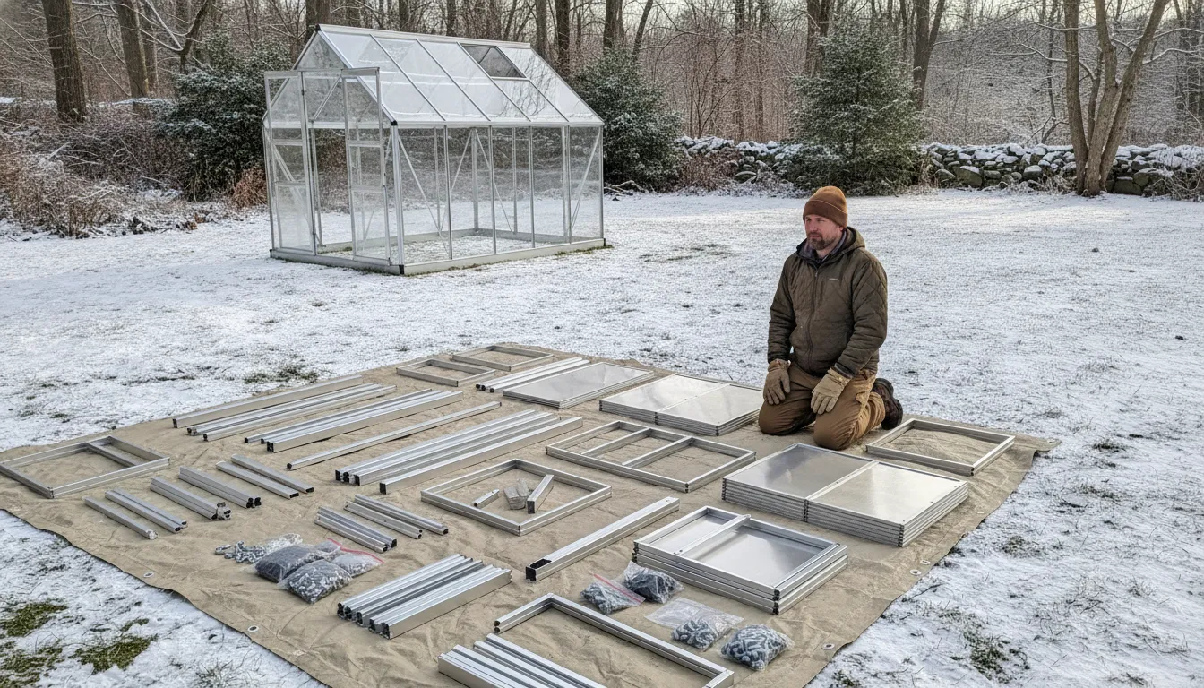 Homeowner comparing greenhouse kit parts with a completed greenhouse in a snowy Upstate New York yard