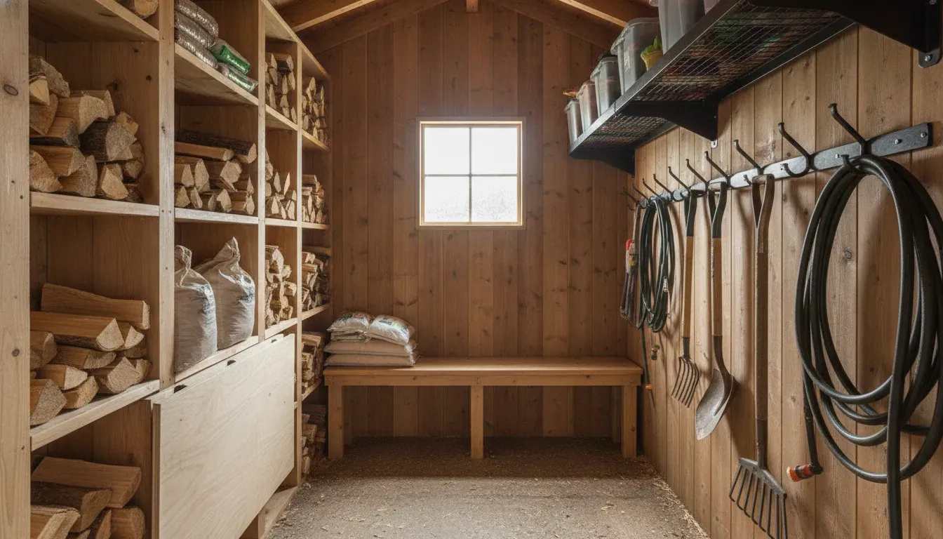 Organized compact shed interior with vertical storage and a clear walking path