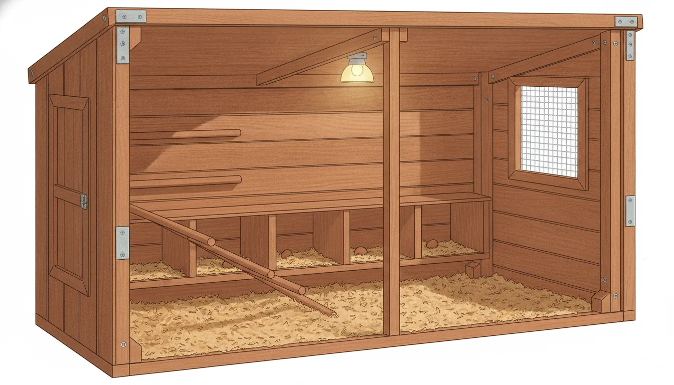 Interior of a sturdy wooden chicken coop with wooden roosting bars and nesting boxes