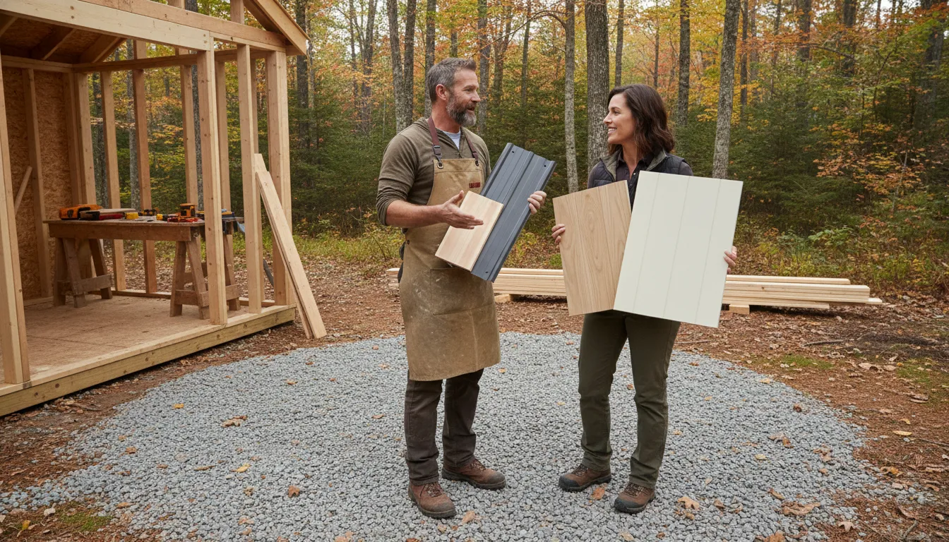Homeowner discussing a custom shed design with a local building specialist