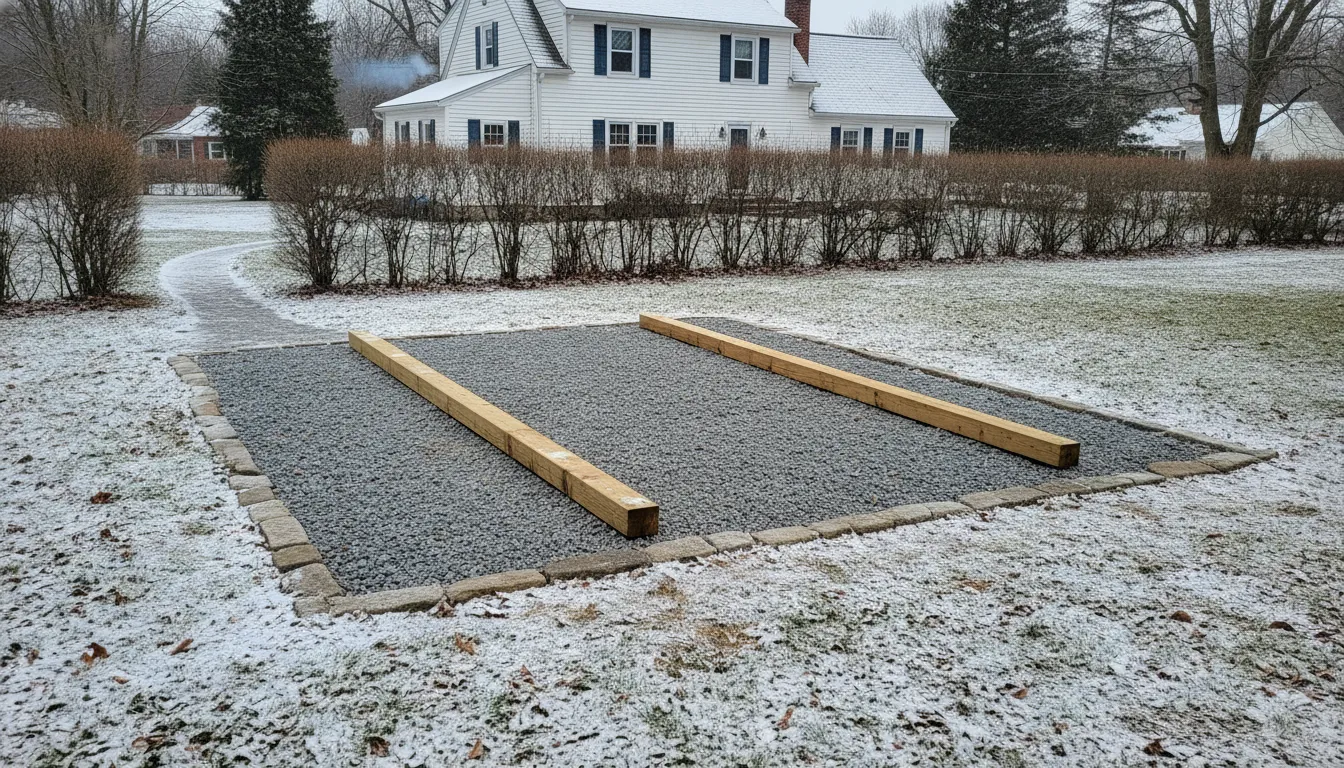Storage shed buying guide site plan with gravel pad and pressure-treated skids