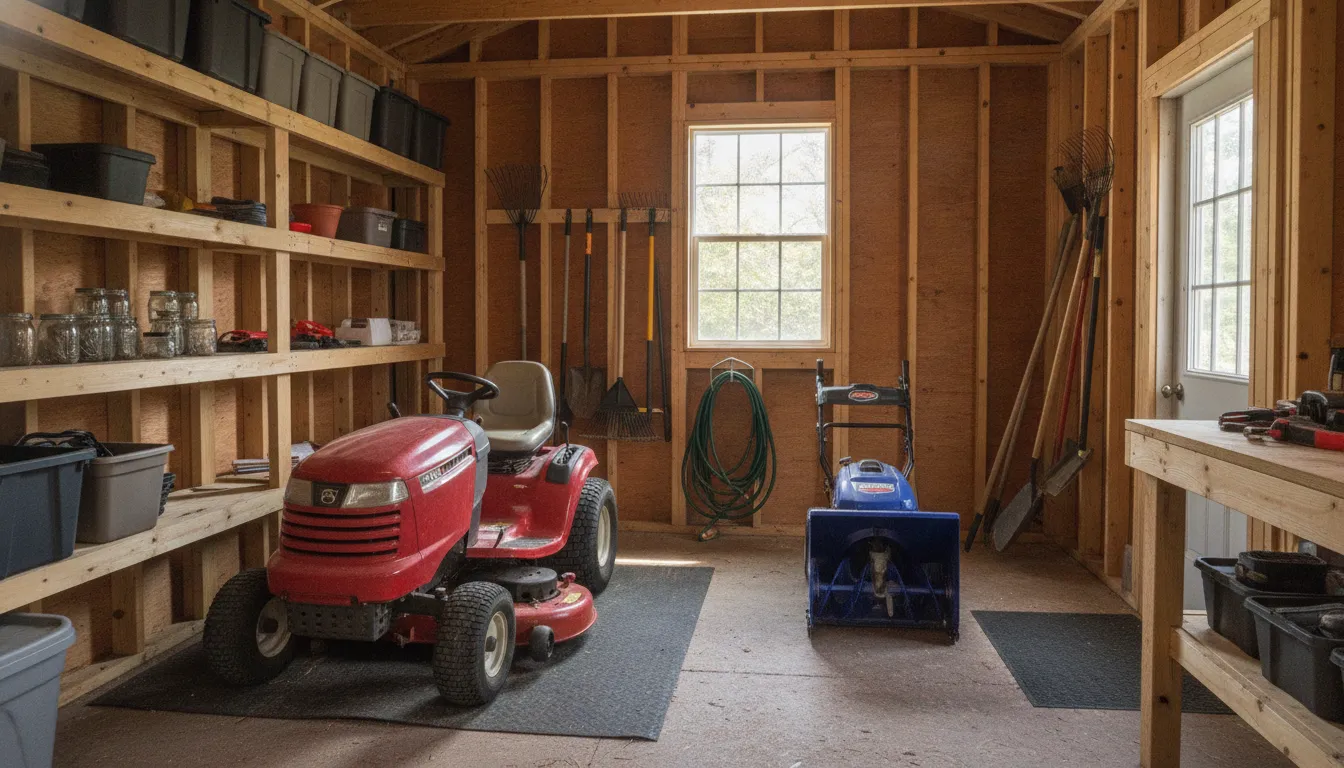 Storage shed buying guide view of an organized interior with clear walking paths