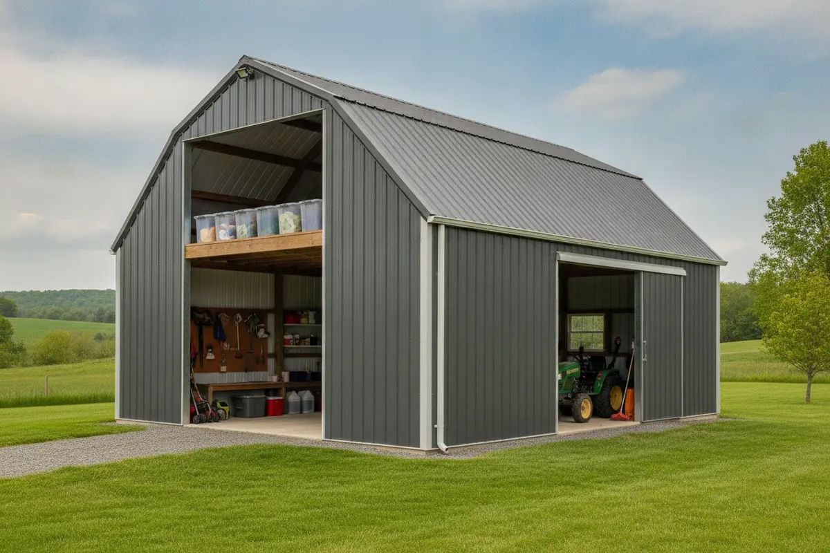 Metal lofted barn with the main floor arranged for equipment and a loft for seasonal storage