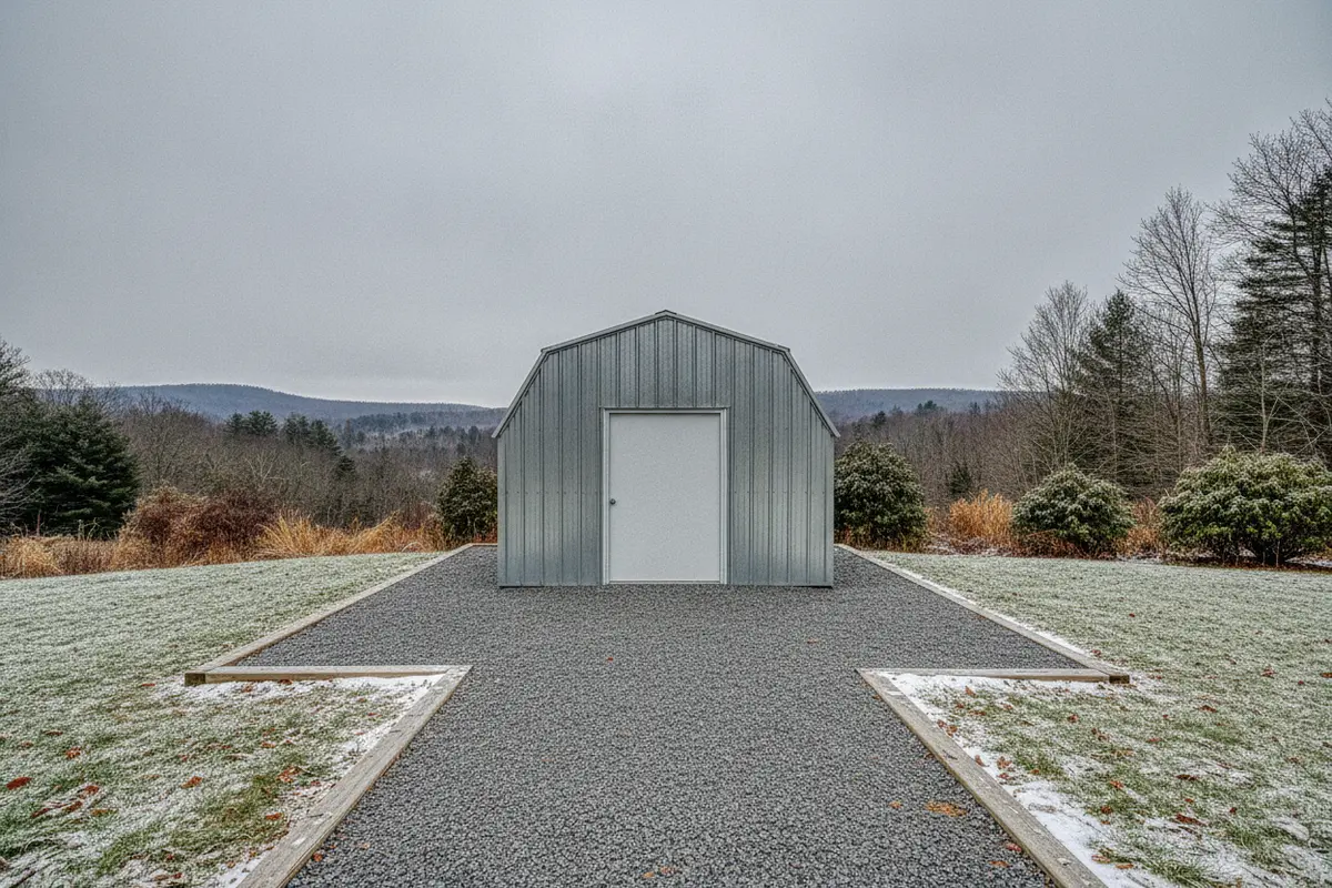 Metal utility shed on a prepared gravel pad with a clear, accessible path in a snowy climate