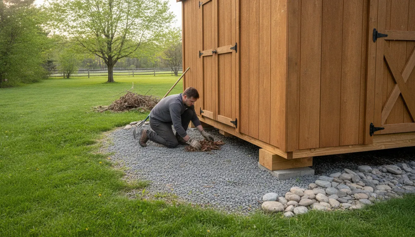 Homeowner clearing leaves from the gravel pad beneath a wooden prefab shed