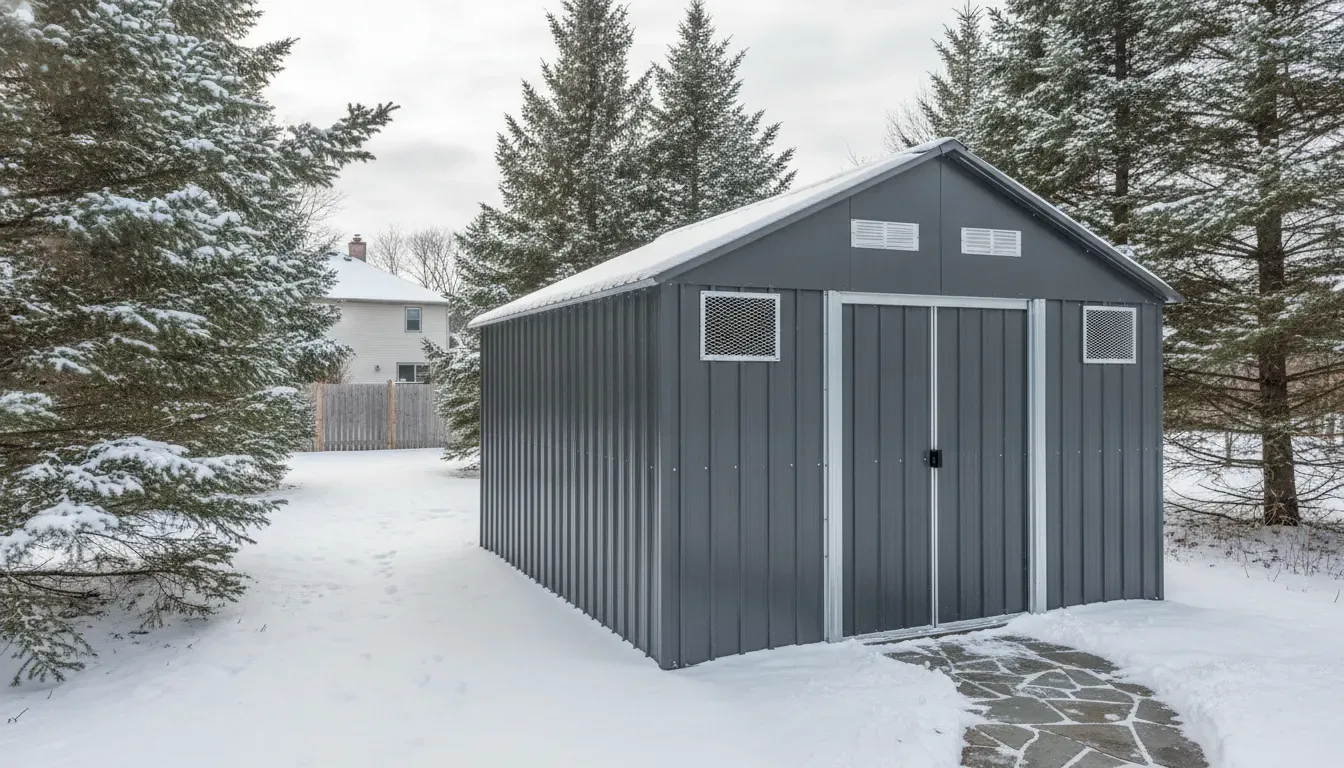 Metal prefab shed standing through a snowy Upstate New York winter