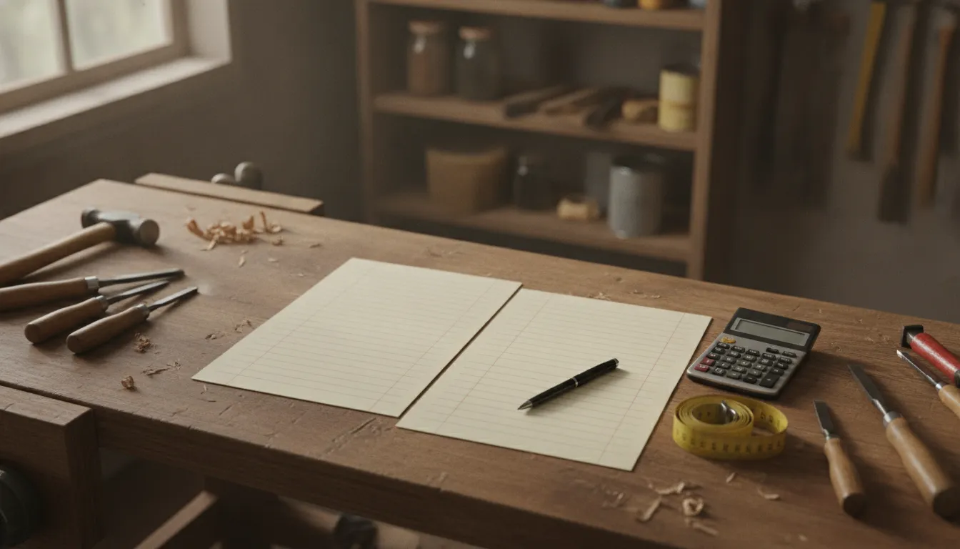 Two blank quote sheets, a calculator, a pen, and a tape measure on a workbench for comparing portable garage offers