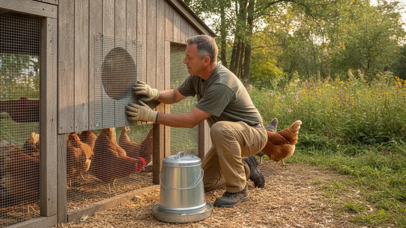 Homeowner securing mesh on a chicken coop beside a closed feed container