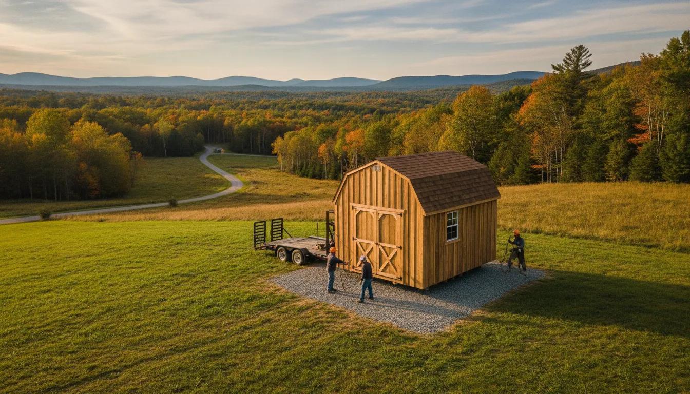Portable shed delivery to a prepared gravel pad in Upstate New York