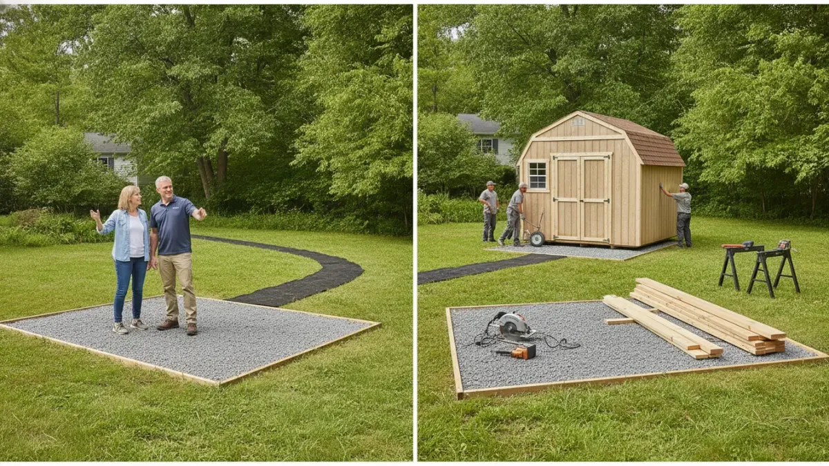 Homeowners and a delivery crew planning a pre-built shed placement beside shed kit materials