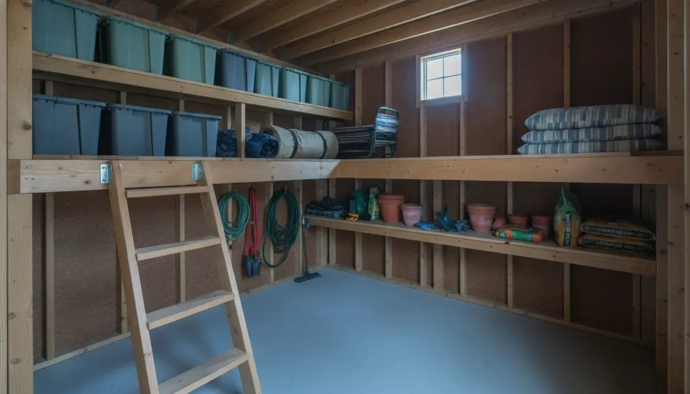 Seasonal bins and garden supplies organized on shed loft shelving