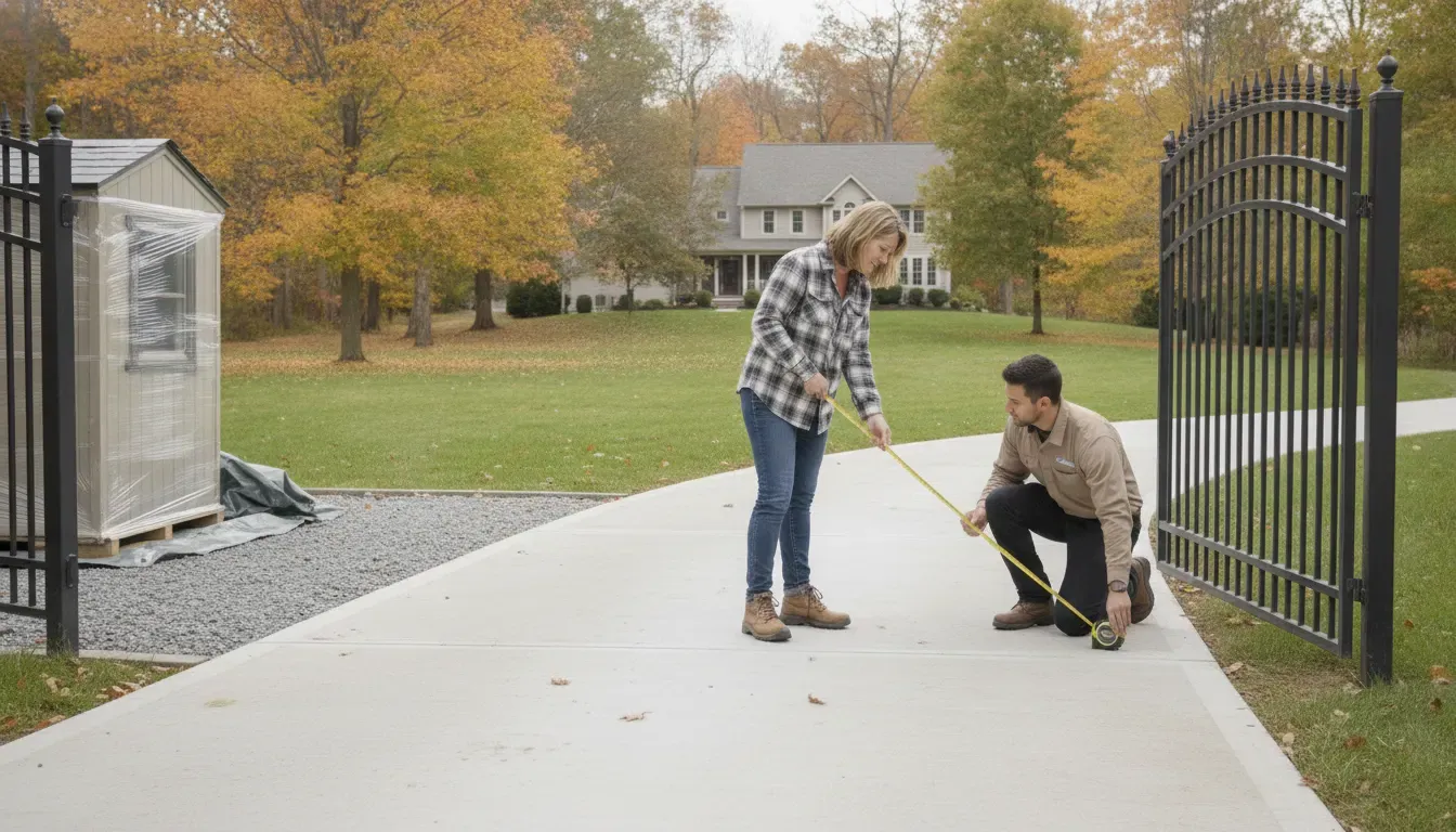 Homeowner and delivery professional checking a shed access route before installation