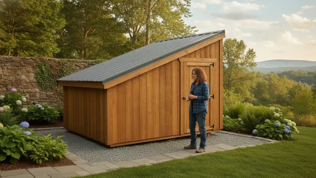 Homeowner planning the placement of a single-slope shed in an Upstate New York yard