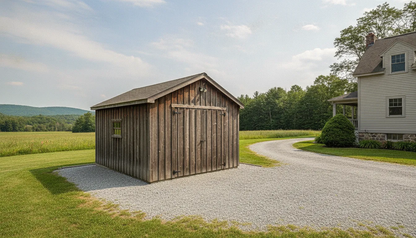 Wooden portable garage on a gravel pad beside a curved driveway and a rural home, showing site access and placement