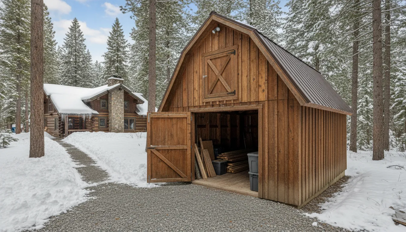 Lofted barn storage building on a gravel pad with a cleared winter approach beside a home