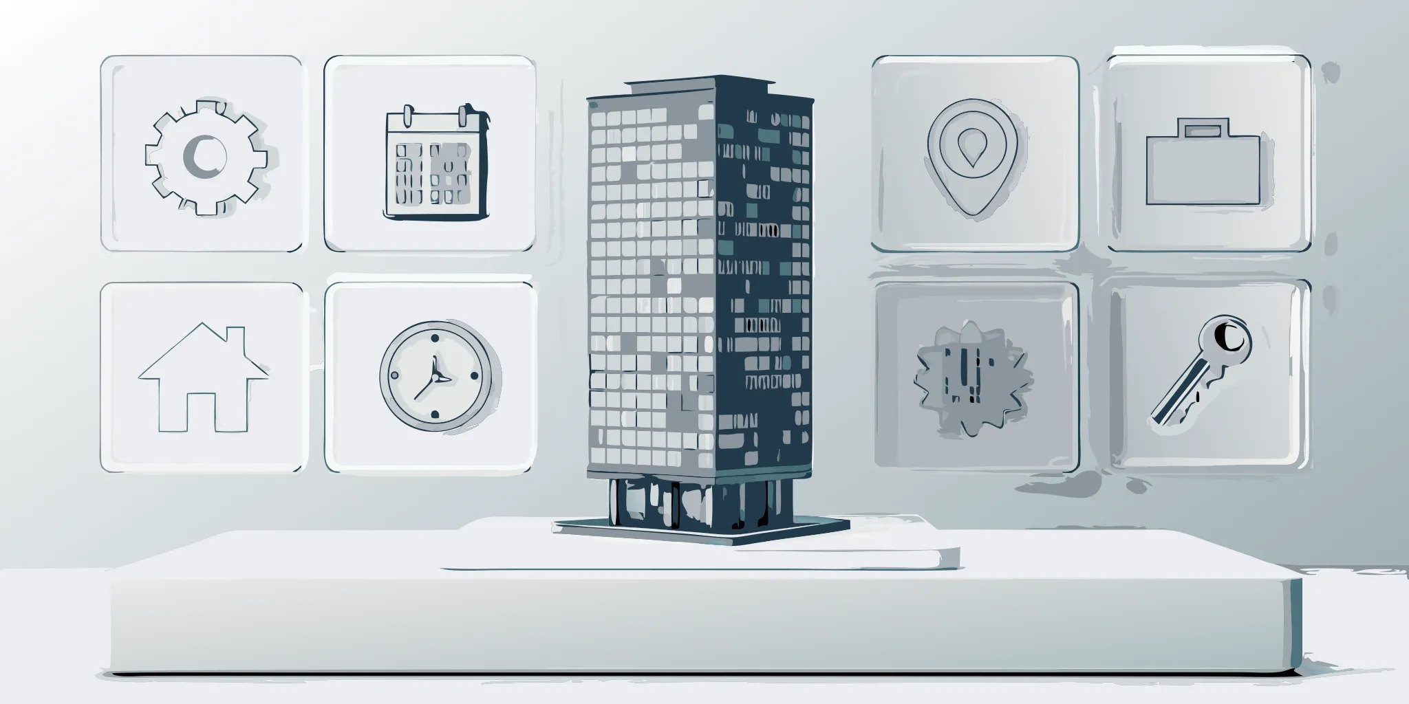 Icons for an automated real estate workflow, including gears and a calendar, surrounding a central office building.