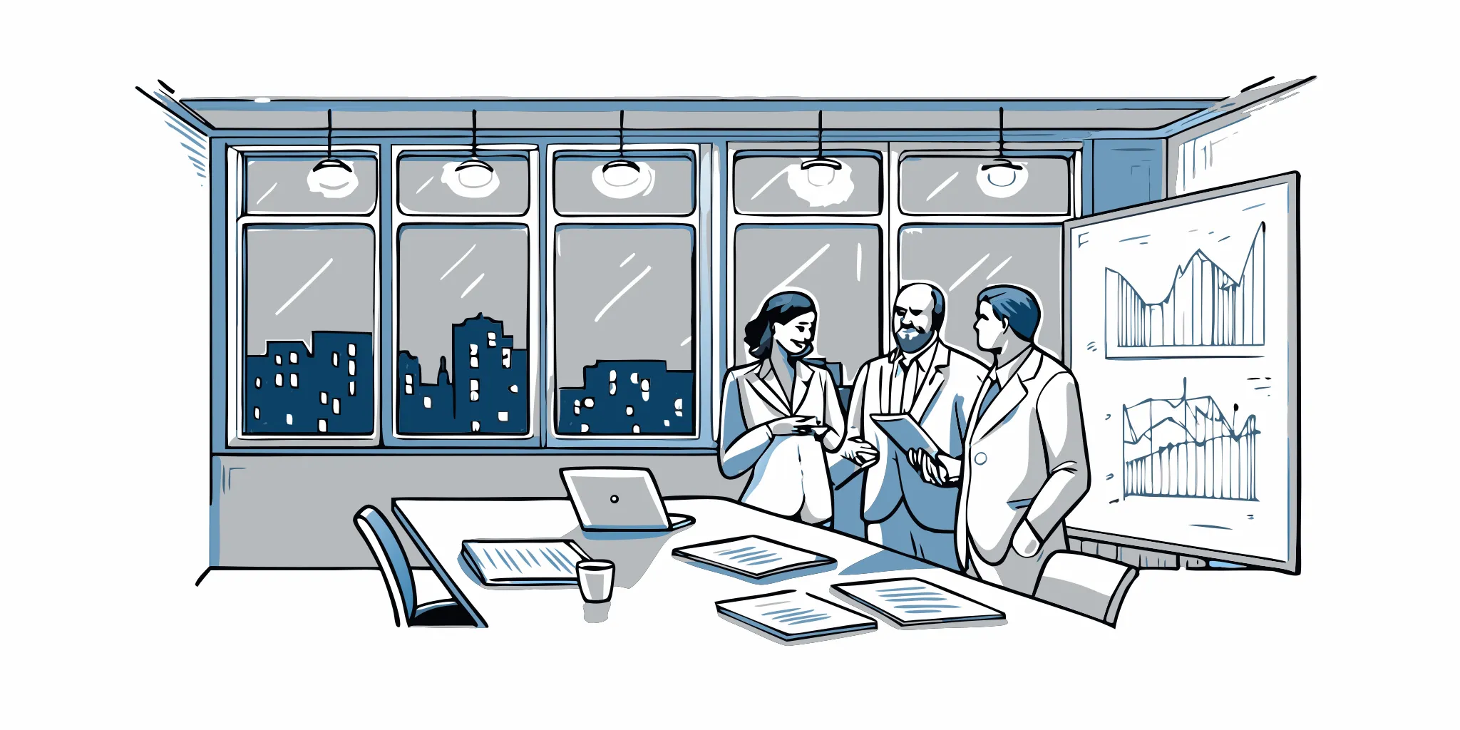 Brokerage managers reviewing production reports to track sales and agent performance.