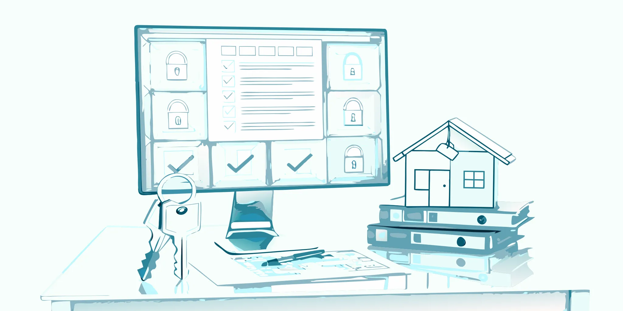 Real estate document management for compliance with organized files, a checklist, and a house model on a desk.