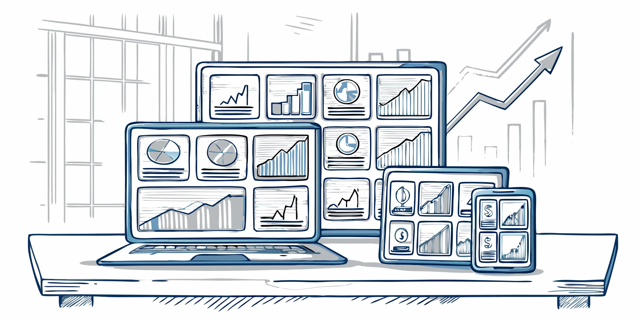 Broker commission management software dashboard with charts displayed on a laptop and phone.