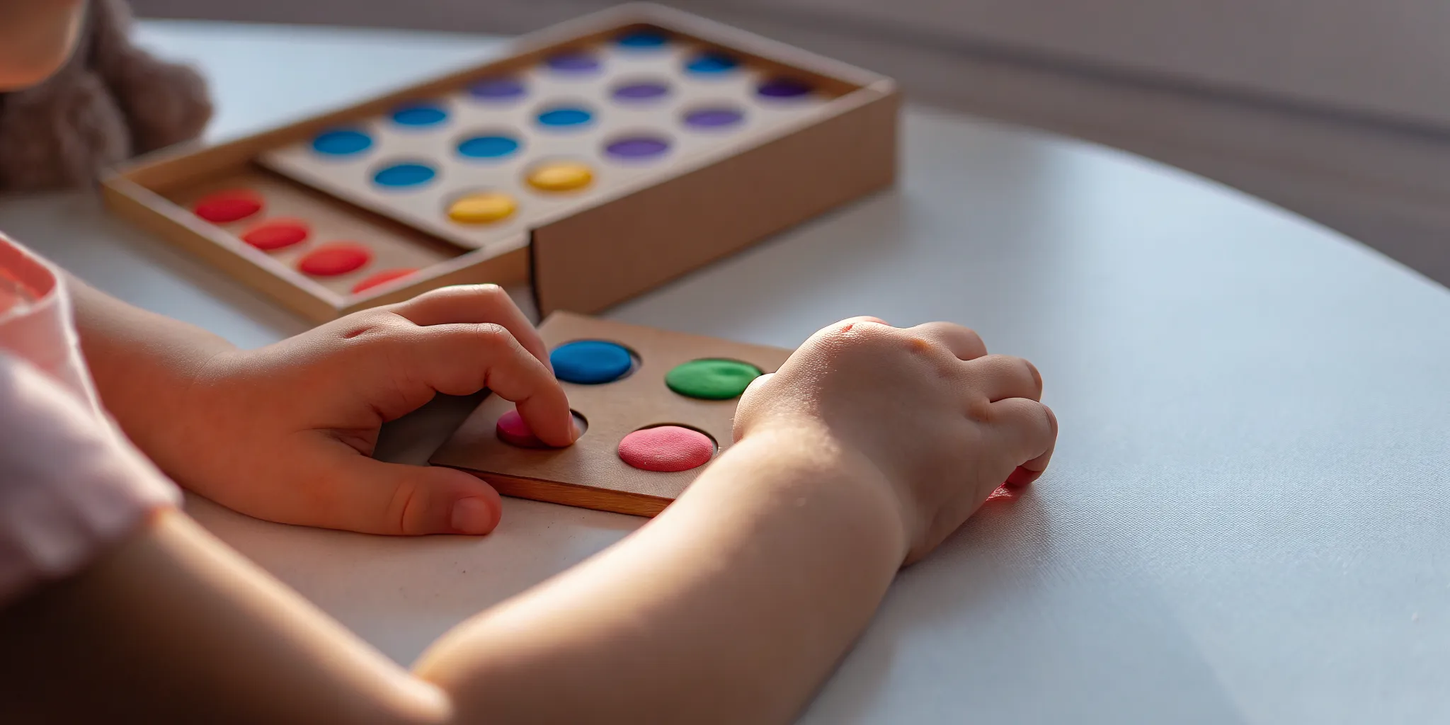 A close-up of a child's hands pushing colorful felt counters into sound boxes on a table, with bright alphabet blocks nearby, cozy and educational, shallow depth of field