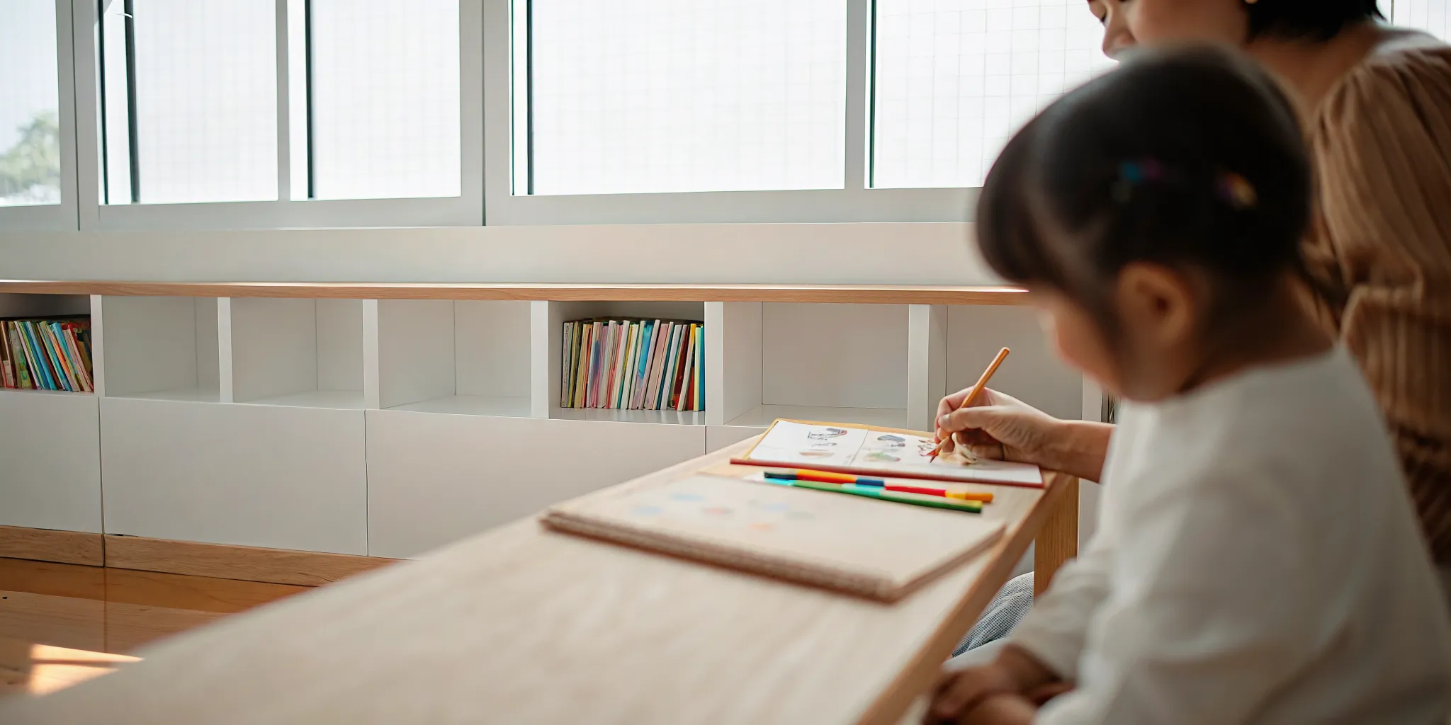 Parent and child using grooved workbooks and magic pens for reading and spelling practice at a homeschool table