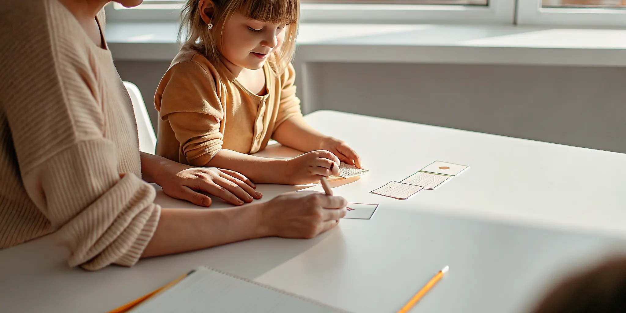 Parent helping a child practice spelling with sound cards