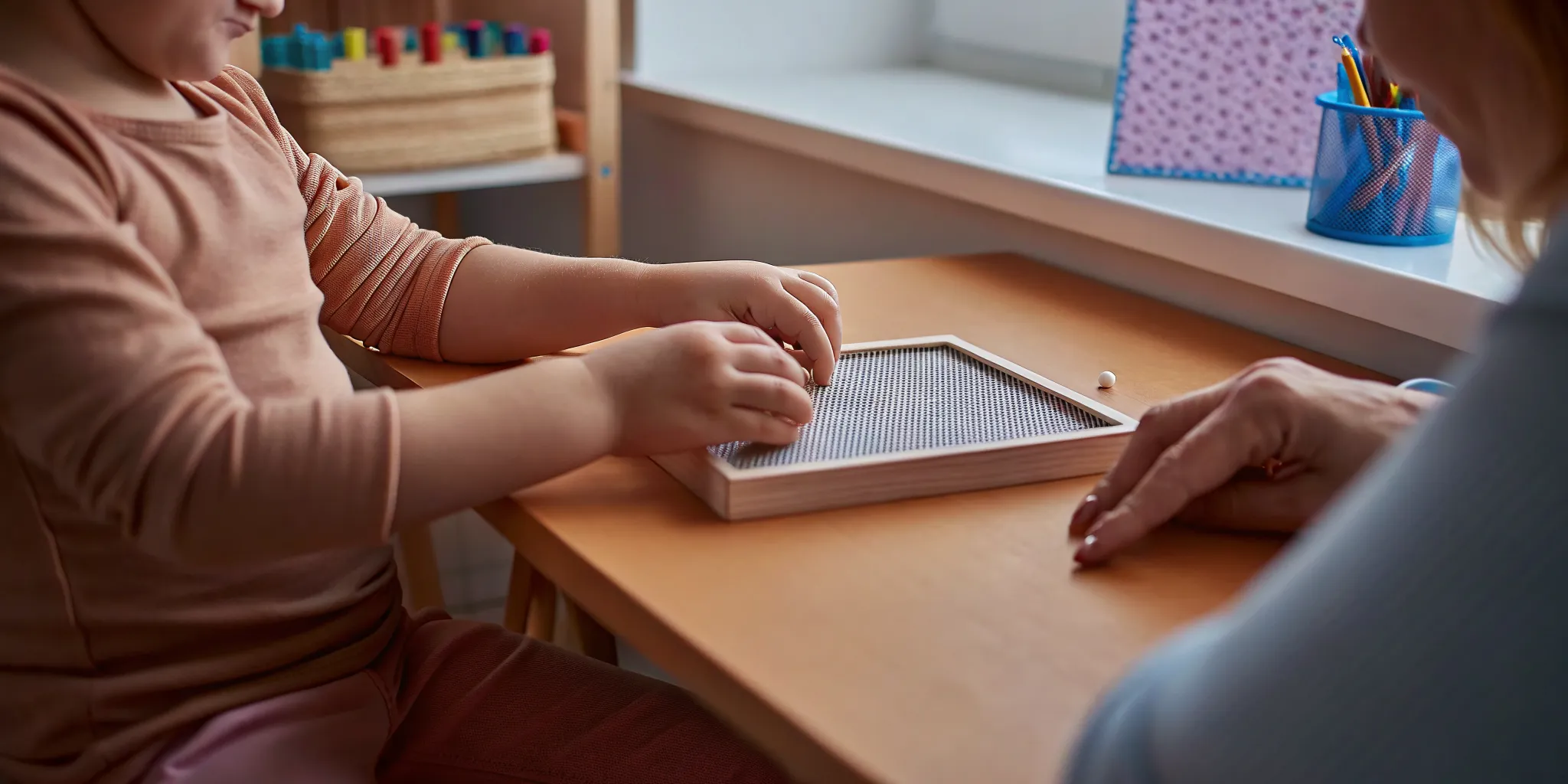 Child using multi-sensory spelling tools including tactile letter cards and a grooved handwriting board at a homeschool table