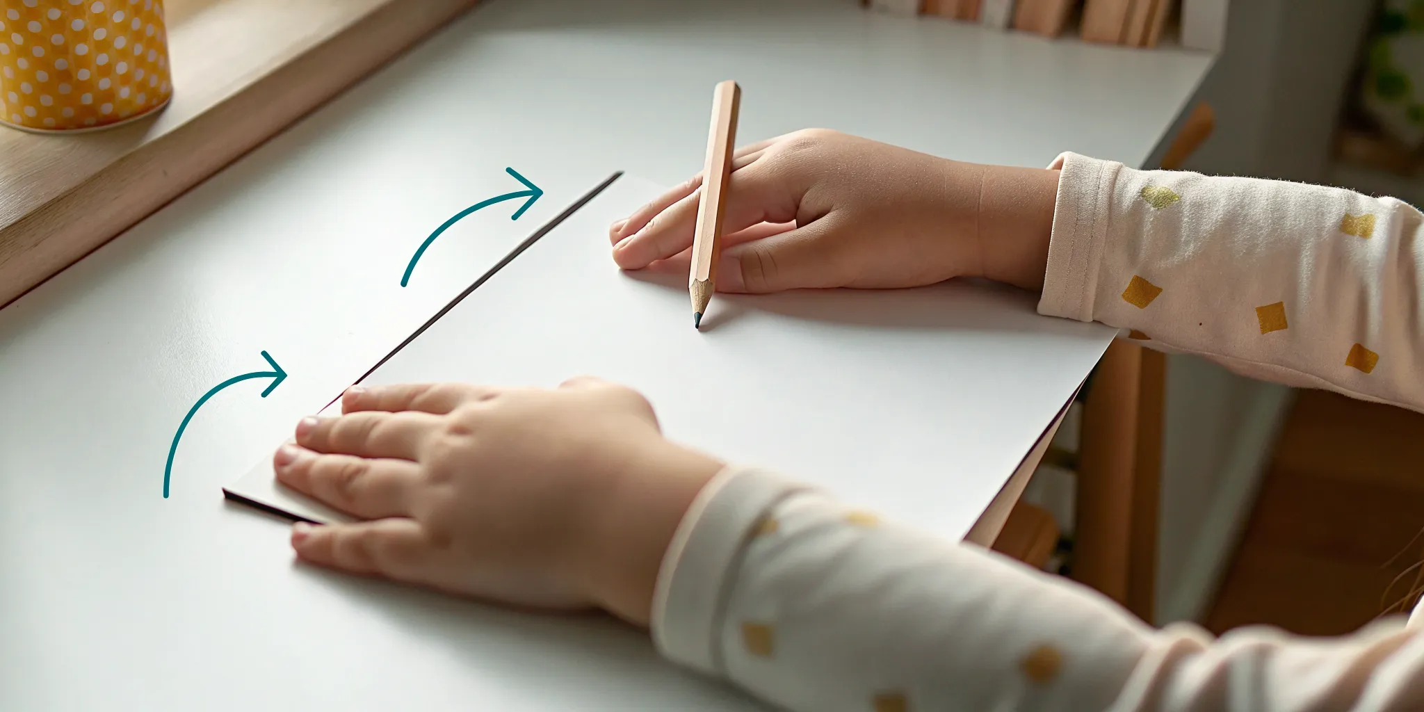 Child's hands demonstrating proper paper tilt and pencil grip for left-handed handwriting practice