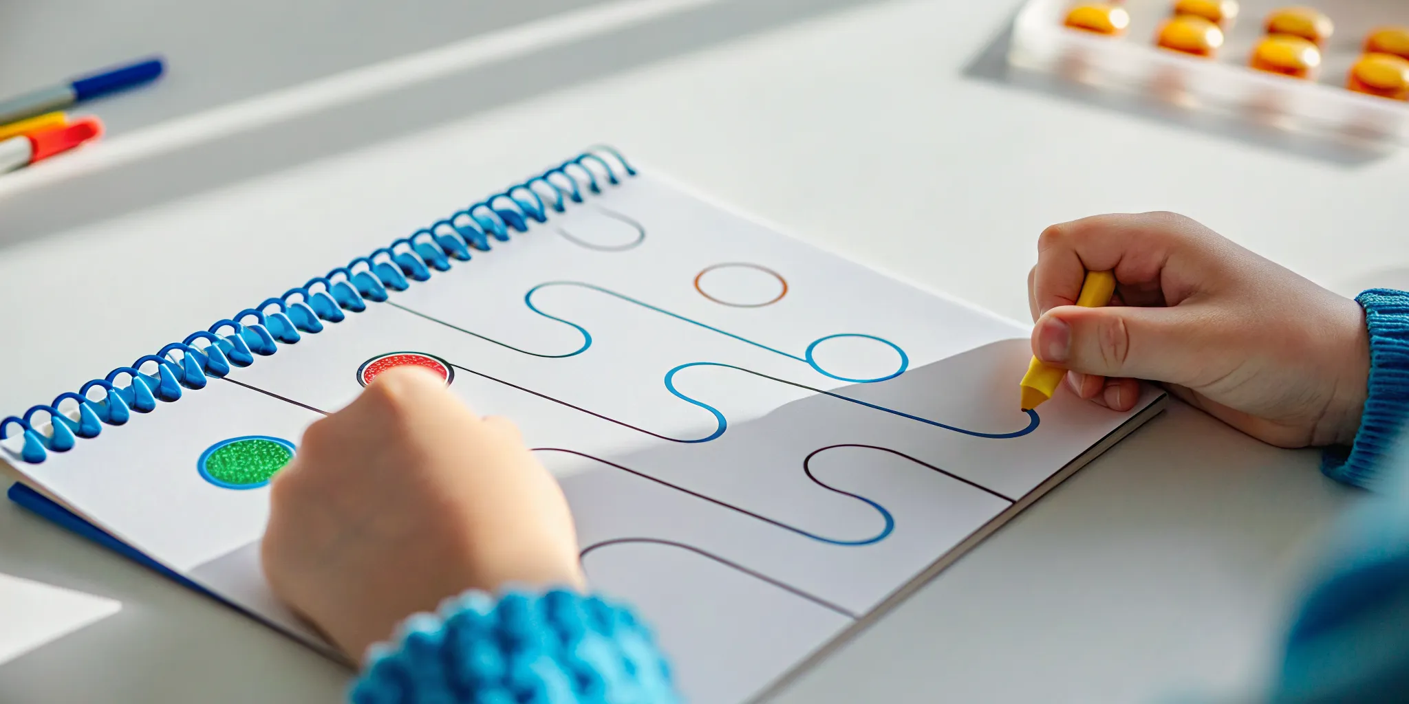 Child tracing grooved letter paths in a reusable Code Breakers spelling workbook during homeschool practice