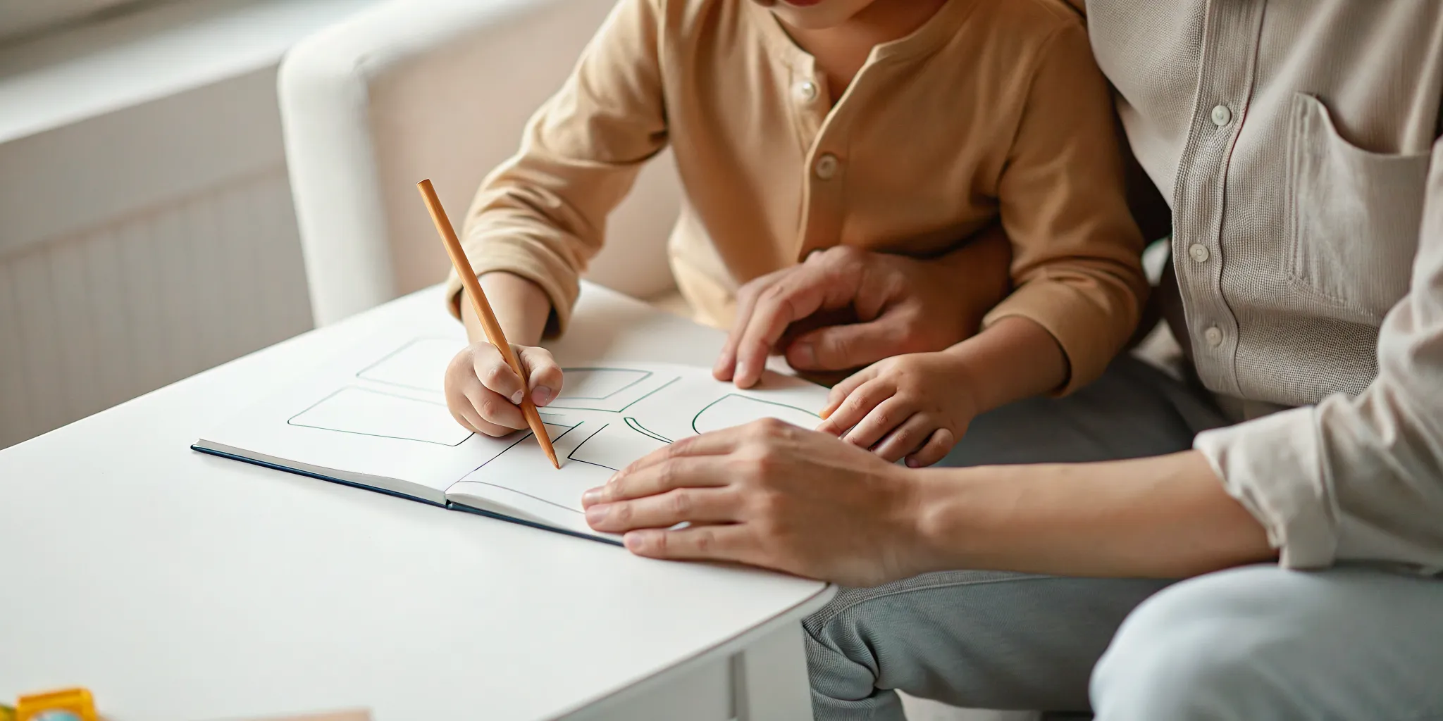 Parent helping a child practice tactile letter formation