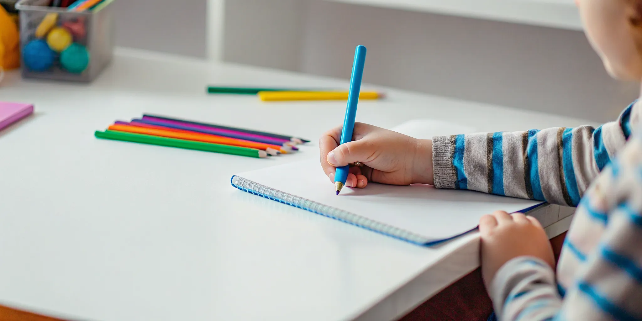 Left-handed child practicing writing in a grooved workbook with proper underhand position