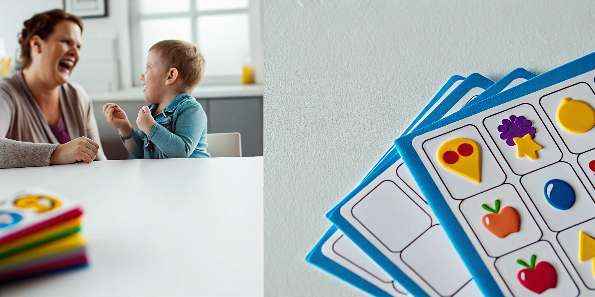 Parent and child learning syllable division with colorful phonics flashcards and grooved workbook at home